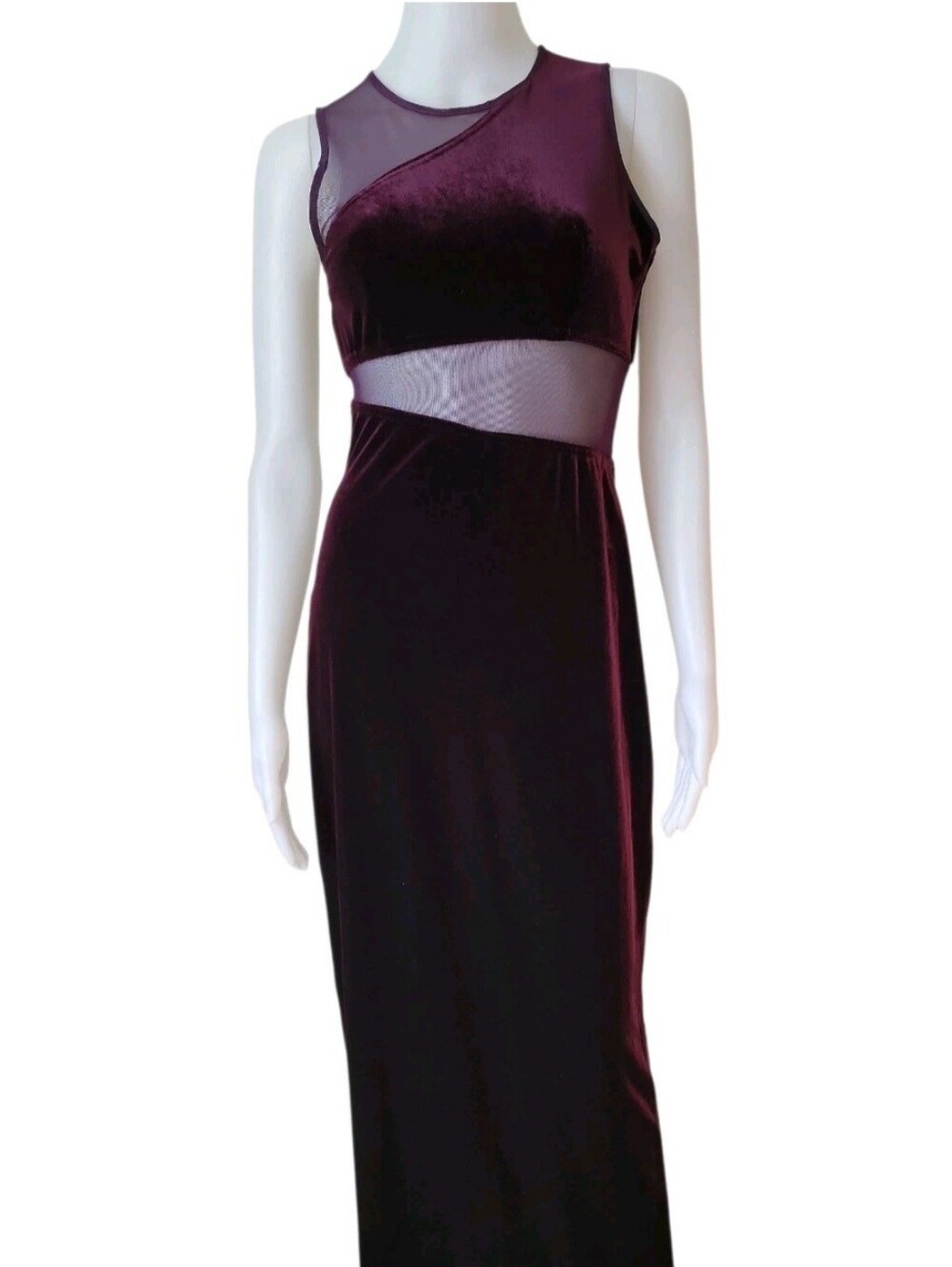Vintage Sleeveless Velvet Mesh Back Maxi Dress in Deep Plum Y2k
